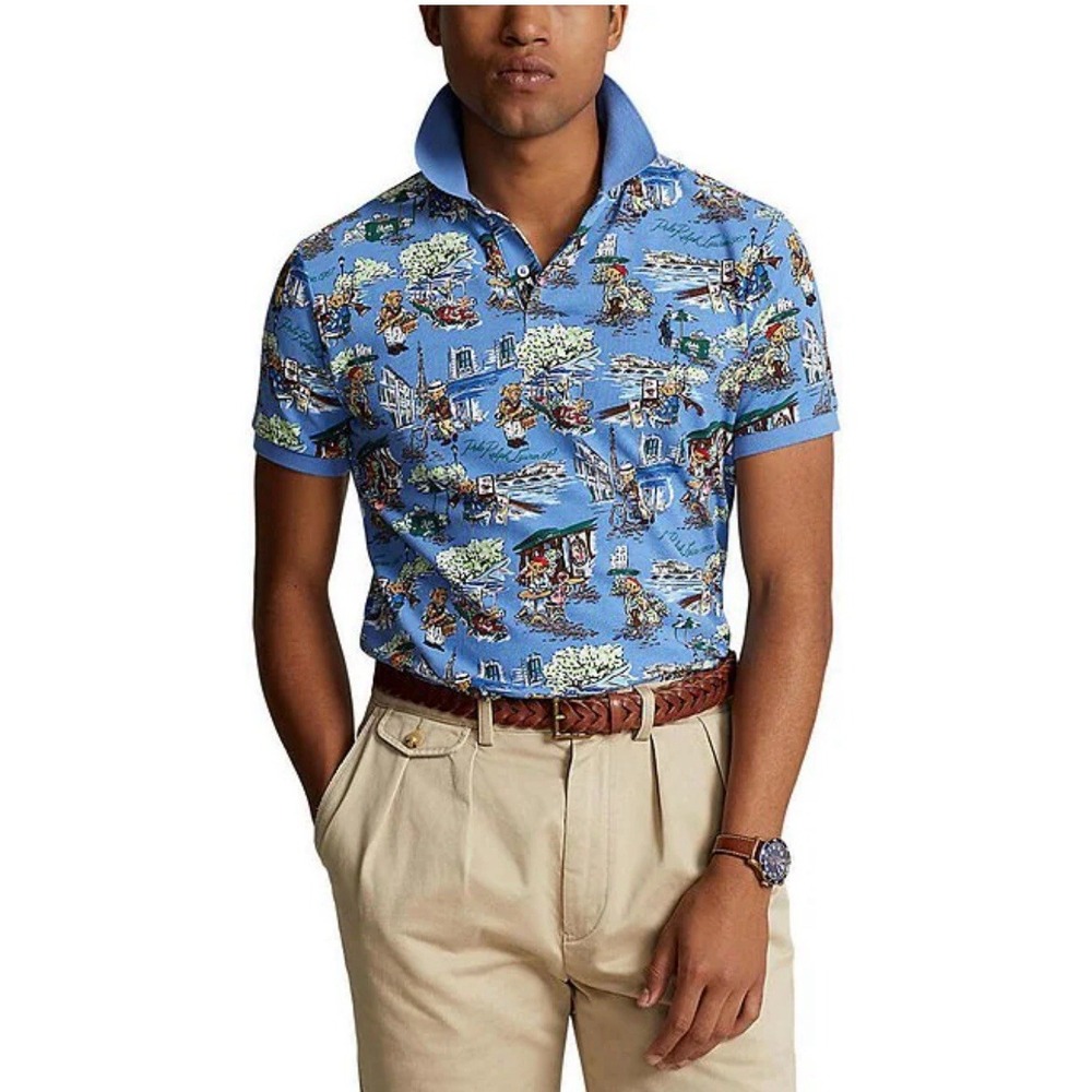 Polo Ralph Lauren Classic Fit Polo Shirt Men 2XLT Multi Blue Polo Bear Paris NWT